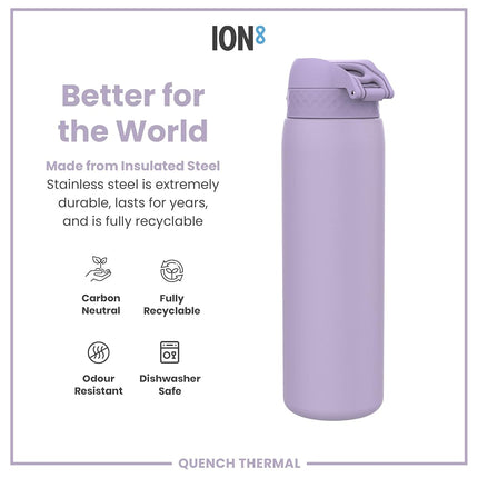 Ion8 Vacuum Insulated Stainless Steel 1 Litre Water Bottle, 920ml, Leak Proof, One-Finger Open, Secure Lock, Carry Handle, Dishwasher Safe, Scratch Resistant, Ideal for Sports and Yoga, Light Purple