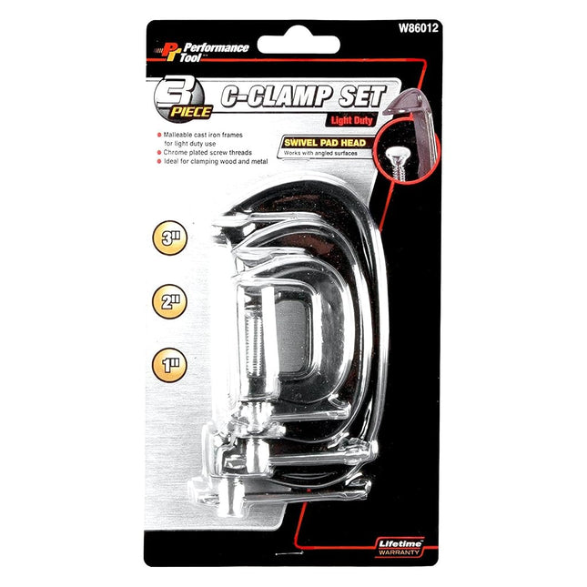 Performance Tool W86012 3-Piece C-Clamp Set with Malleable Cast Iron Frames and Swivel Pad Head for Wood and Metal Clamping