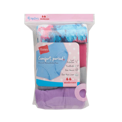 Hanes Girl's Comfort, Period. Boyshort & Hipster Period Underwear, Moderate Protection, Multi-Pack, Hipster - Multi - 4 Pack, 8