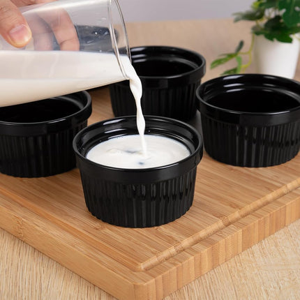 Garvee Juego de 8 ramequines de cerámica de 240 ml, ramequines de porcelana para crema catalana, soufflé, para hornear, tazas para pudín y flan, salsas, aptos para lavavajillas y horno, negros