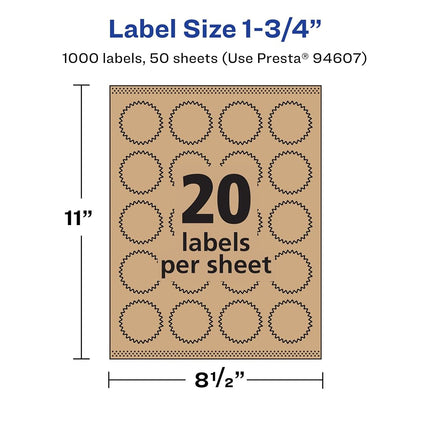 Etiquetas Avery Kraft Marrón con Diseño de Estrella (Starburst) y Alimentación Segura (Sure Feed), 1.75", 1,000 Etiquetas Kraft Marrón, Impresión al Borde, Imprimibles con Láser/Inyección de Tinta