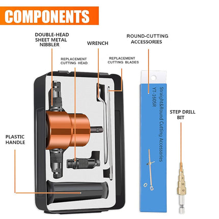 REXBETI Double Headed Sheet Metal Nibbler, Drill Attachment Metal Cutter with Extra Punch and Die, 1 Cutting Hole Accessory and 1 Step Drill Bit, Perfect for Straight Curve and Circle Cutting (Gold)