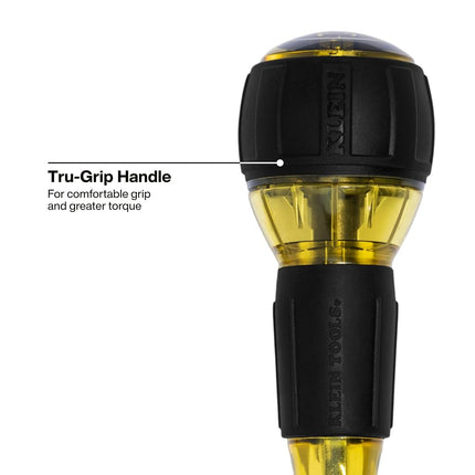 Klein Tools 32961A 8-in-1 Tru-Grip Screwdriver with Stubby, Phillips, Slotted, Square Tips, 1/4-Inch Nut Driver, Rare-Earth Magnet, 6-Bit Storage, Ball-Style Handle