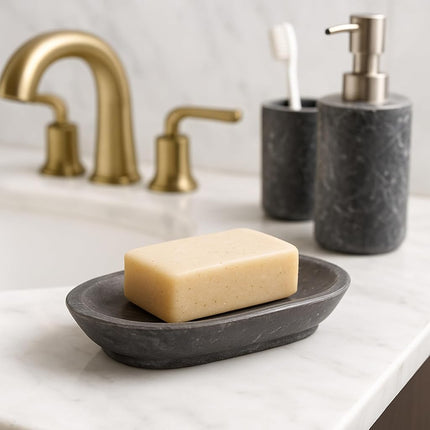 Creative Home Natural Charcoal Marble Curvy Collection Bar Soap Dish Soap Tray Holder Bathroom Countertop Small Accessories Organizer, 3.8" x 5.6" x 0.8" H, Grey