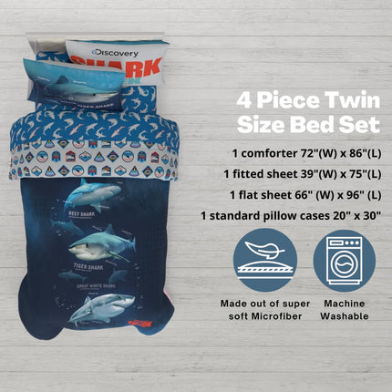 Franco Comforter, Microfiber, Blue-Shark Week, 4 Piece Twin Size