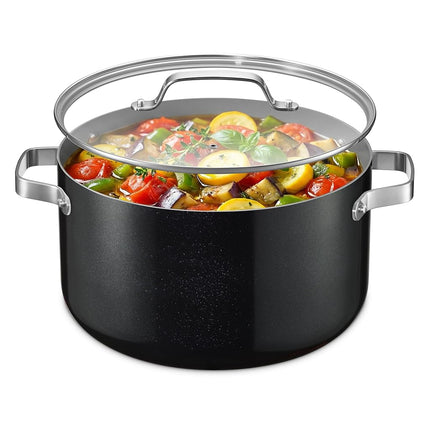 Black 12.5 Quart Aluminum Stock Pot with Lid, Nonstick Ceramic Coated Boiling Pot, PTFE & PFAS Free, Oven Safe to 500°F, Riveted Stainless Steel Handles, Tempered Glass Lid, All Stove Compatible