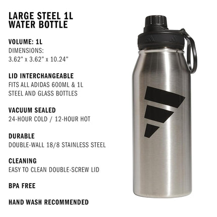 adidas Metal Water Bottle 1L, Stainless Steel/Black/L, 1 L