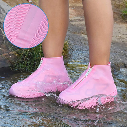 Shiwely Waterproof Shoe Covers, Silicone Reusable Shoe Cover Non-slip Durable Zipper Elastic Rain Cover Protection for Men Women (L (Women 8-12, Men 7-11), Pink)