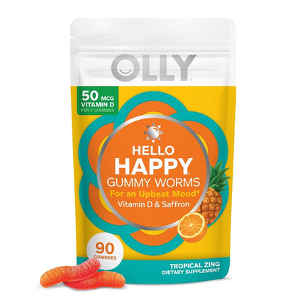 OLLY Hello Happy Gummy Worms, Vitamin D, Saffron, 