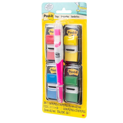 Post-it Flags Value Pack with Free Flag+ Pen, Assorted Primary Colors, 1-Inch Wide, 50/Dispenser, 4-Dispensers