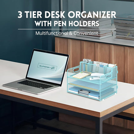 SUPEASY 3 Tier Desk Organizer with Handle & 3 Pen Holders, Mesh Paper/File Organizer for Desk, Paper Letter Tray Organizer for Office Supplies (Light Blue)