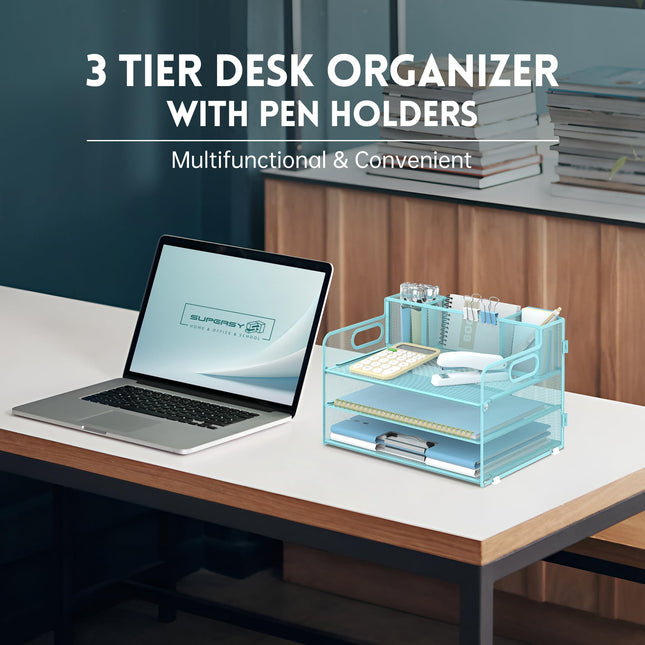 SUPEASY Organizador de escritorio de 3 niveles con asa y 3 portalápices, organizador de papel/archivos de malla para escritorio, organizador de bandejas para cartas de papel para material de oficina (azul claro)