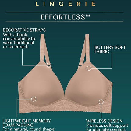 Vanity Fair Women's Effortless Wireless Bra, Buttery Soft Fabric & Lightweight Memory Foam Cups Up to Dd, Opaque, Baked Blush Lace, 36B