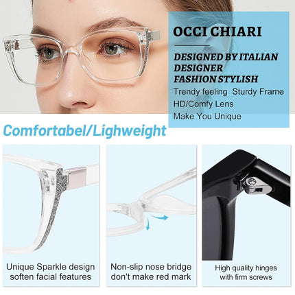 OCCI CHIARI Modern Big Frame Reading Glasses for Women Square Readers(Clear +1.25x)+1.0 +1.25 +1.50 +1.75 +2.0 +2.25 +2.5 +2.75 +3.0