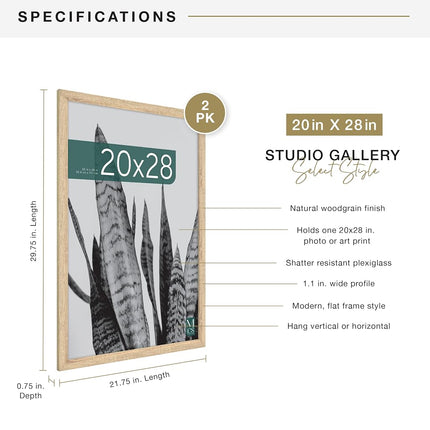 MCS Studio Gallery 20x28 Poster Frame Natural Woodgrain, Vertical & Horizontal Wall Hanging Large Picture Frame for Photos, Posters & Art Prints (2-Pack)
