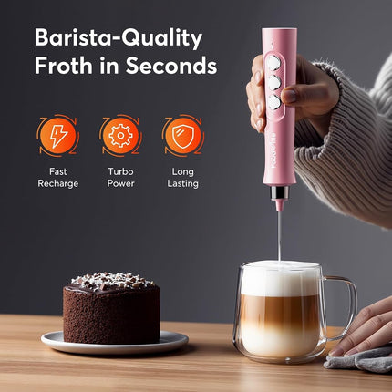 BourneHouse USB Rechargeable Milk Frother, Handheld Electric Whisk, 3 Speed Settings, for Latte, Matcha, Protein Powder, Keto Diet (Pink)