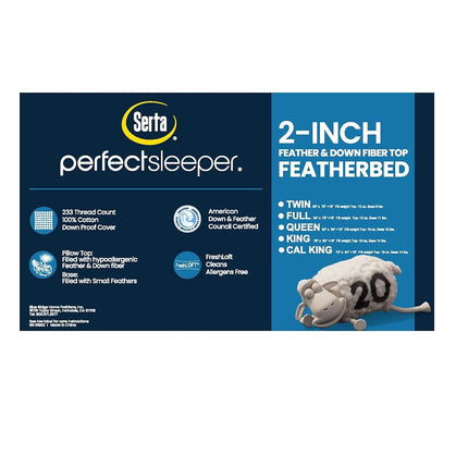 Serta Feather and Down Fiber Pillow Top Mattress Topper Full Size - 233 Thread Count 100% Cotton Mattress Pad Ultra Soft 2-Inch Support Feather Bed-White