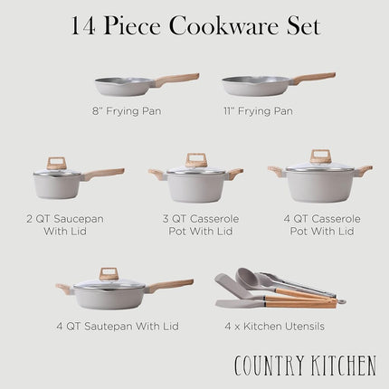 Country Kitchen Pots and Pans Set Nonstick, Cast Aluminum Kitchen Cookware Set with Utensils, 14 Pcs Non Stick Cooking Set w/Frying Pans & Saucepans, Sage