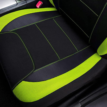 Flying Banner car seat Covers Quality Carbon Fiber Air Mesh Fabric Sport Low High Back Bucket Back Pocket Arm Rest (2 Fronts - Low Bucket, Green)