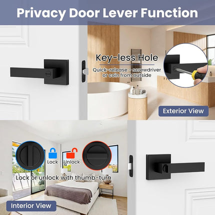 Estmoon 2 Pack Privacy Door Levers Door Handle Matte Black Interior Door Knobs Keyless Door Locks for Bedroom or Bathroom, Left or Right Handing Levers