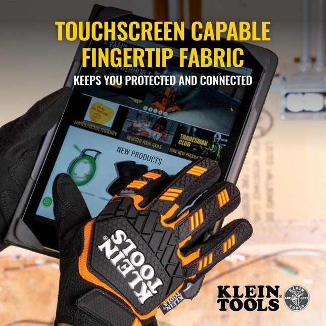 Klein Tools 60600 Work Gloves, Heavy-Duty Suede Palm Gloves, TPR Impact Resistant, Touchscreen-Capable, Hook and Loop Wrist Strap, Large