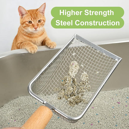 Cat Litter Scoop with Holder – Metal Mesh Litter Scooper, Wooden Handle Fine Litter Scoop with Small Holes for Litter Box, Efficient Sifting and Easy Cleaning