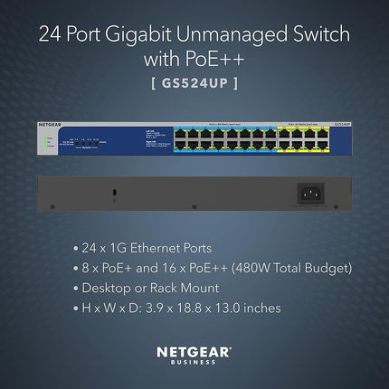 NETGEAR 24-Port Gigabit Ethernet Unmanaged PoE Switch (GS524UP) - with 8 x PoE+ and 16 x PoE++ @ 480W, Desktop/Rackmount, and ProSAFE Lifetime Protection