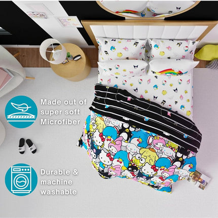 Parure de lit 7 pièces super douce Franco Collectibles Sanrio Hello Kitty & Friends avec couette et draps, avec taie d'oreiller, grand lit (produit 100 % sous licence officielle)