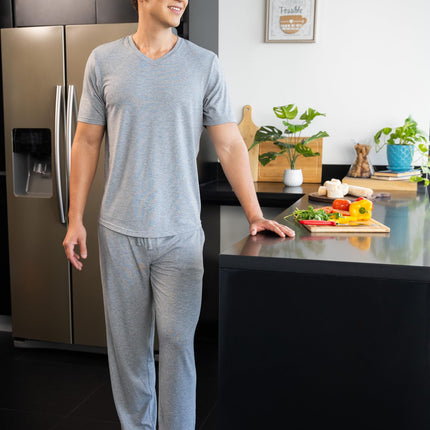 Fruit of the Loom Men's 360 Stretch Short Sleeve V-Neck Top and Pant Sleep Pajama Set, Grey Heather, 3XL