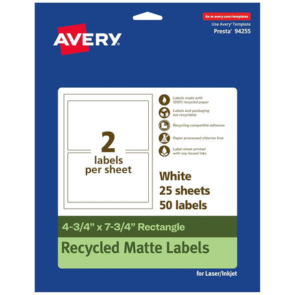 Avery EcoFriendly Matte White Recycled Rectangle Labels, 4.75" x 7.75", Print-to-The-Edge, Matte White Labels, Permanent Adhesive, Laser/Inkjet Printable, 50 Total