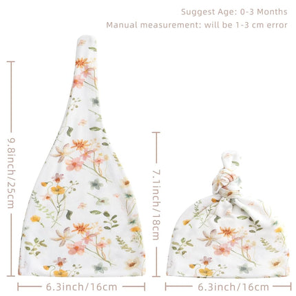 LifeTree Newborn Swaddle Set with Matching Hat and Bow, Wooden Birth Announcement Card, Baby Girl Newborn Receiving Blanket Baby Floral Motif Nursery Swaddle Wrap