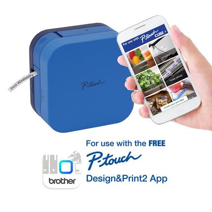 Rotuladora Brother P-Touch Cube para smartphone, tecnología inalámbrica Bluetooth, múltiples plantillas disponibles, compatible con Apple y Android – Azul