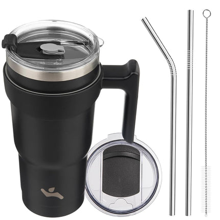 Konokyo Gobelet de 20 oz avec poignée et 2 pailles 2 couvercles, bouteille d'eau isotherme en acier inoxydable, tasse sous vide réutilisable, mug de voyage, noir