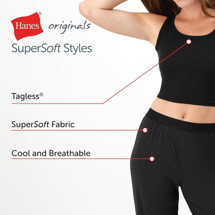 Hanes Women's Originals 2-Piece, Comfywear Supersoft Crop Tank & Lounge Pants Loungewear Set Pajama, Black, M (Pack of 2)