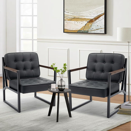 Sillón decorativo moderno de mediados de siglo COLAMY, juego de 2, cómodo sillón para sala de estar, sillón decorativo de cuero negro, sillón con reposabrazos de cuero sintético con patas de metal para sala de estar, dormitorio, recepción, oficina, negro