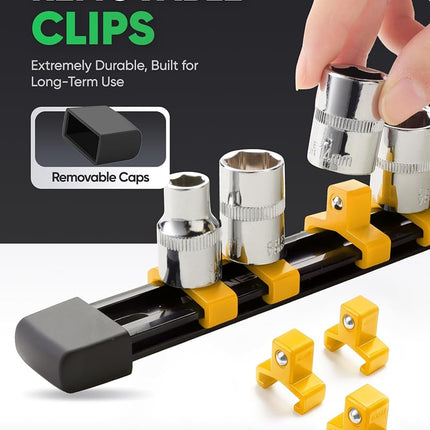 ALOANES 9 PC ABS Socket Organizer, 1/2 inch, 3/8 inch and 1/4 inch Drive Socket Rail Holders, Heavy Duty Socket Racks, Black Rails with Yellow Clips