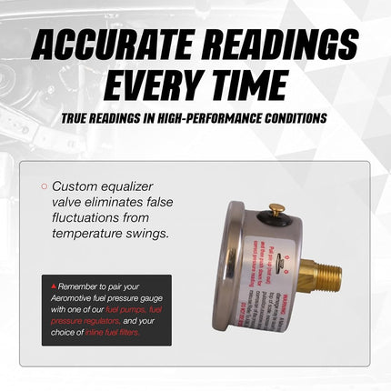 Manomètre de pression de carburant Aeromotive 15632, 0-15 PSI, 1/8" NPT, rempli de liquide, cadran de 1,5" de diamètre