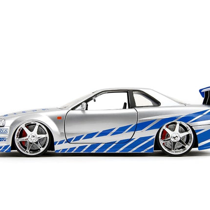 Jada Toys Fast & Furious Brian’s 2002 Nissan Skyline R34 Die-cast Car, 1:24 Scale, Silver & Blue,19808