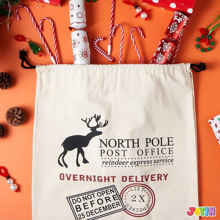 JOYIN 3 PCS Christmas Large Canvas Gift Bag 26" x 19", Drawstring Santa Burlap Sack Reusable Personalized Cloth Pouch for Xmas Presents Package, Party Supplies, Hoilday Decoration, Black&White&Red