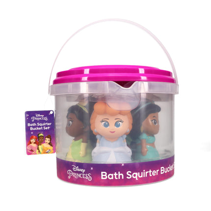 Disney Princess - Set de 5 juguetes de baño con chorros y cubo organizador - Juguetes de baño para bebés y niños pequeños - Incluye cubo organizador - Guarda los juguetes de agua para la hora del baño