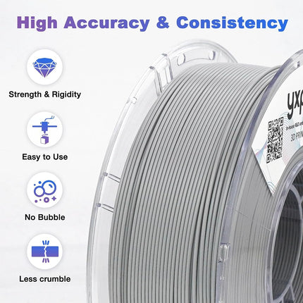 YXPOLYER PLA Filament Food Grade 1.75mm 1kg for 3D Printing, PLA+ 3D Printer Filament with Transparent AMS-Compatible Filament Spool, Cool Gray