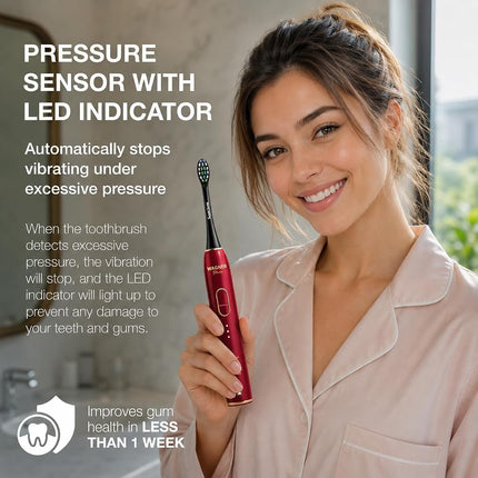 Wagner Stern IntelliBrush Series Whitening Electric Toothbrush with Pressure Sensor. Offers 4 Brushing Modes, 3 intensities, 8 Soft Brush Heads, and a Luxury Travel case.v