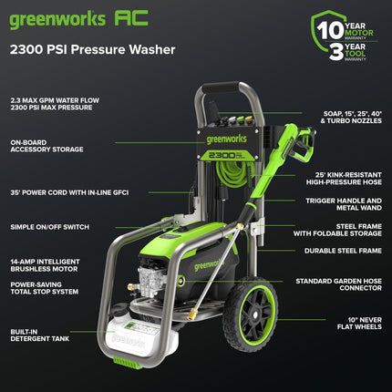 Hidrolavadora eléctrica Greenworks Pro sin escobillas 2300 PSI (certificación SGS) 2.3 GPM máx. / 1.2 GPM (mango plegable, marco de acero resistente, manguera de 25 pies, cable de alimentación GFCI de 35 pies)