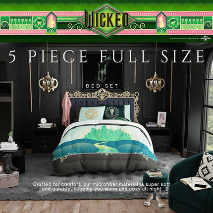 Franco Collectibles Wicked Elphaba and Glinda Bedding 5 Piece Super Soft Reversible Comforter and Sheet Set, Full, (Officially Licensed Product)