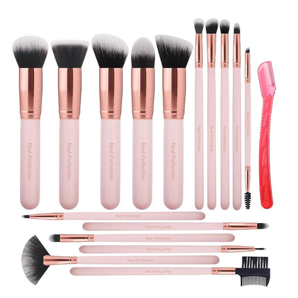 Juego de 16 brochas de maquillaje Real Perfection con 1 perfilador de cejas, sintéticas de primera calidad para base, difuminar, polvos faciales, sombra de ojos, corrector y kit de herramientas de maquillaje