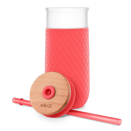 Gobelet en verre Ello Devon avec manchon protecteur en silicone anti-transpiration et couvercle en bois étanche avec paille, 532 ml
