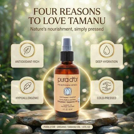 PURA D'OR 4 Oz Organic Tamanu Oil - USDA Certified 100% Pure & Natural Cold Pressed Carrier Oil, Premium Grade Moisturizer Helps Reduce Appearance of Scars & Wrinkles - For Skin & Hair - Men & Women