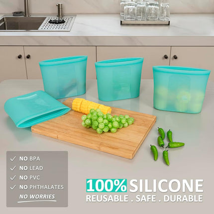 Annaklin Reusable Freezer Bags Quart Size, 4 Pack, 100% Silicone Stand Up Ziplock Reusable Silicone Food Storage Bags Sandwich Bags Containers, Freezer Microwave Oven Dishwasher Safe, Aqua, 33.8fl.oz