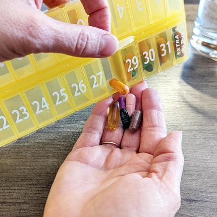 AM/PM 31 Day Once-a Day Monthly Pill Planner Organizers - Large Compartment Pill Boxes Store Medications for Entire Month Plus Compartment for Extra Pills (Am/Pm Yellow & Teal)