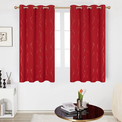 Deconovo Red Curtains 45 Inch Length - Light Blocking Blackout Drapes for Small Window, Grommet Top (52W x 45L Inch, Red, 2 Panels) Gold Wave Line and Dots Printed